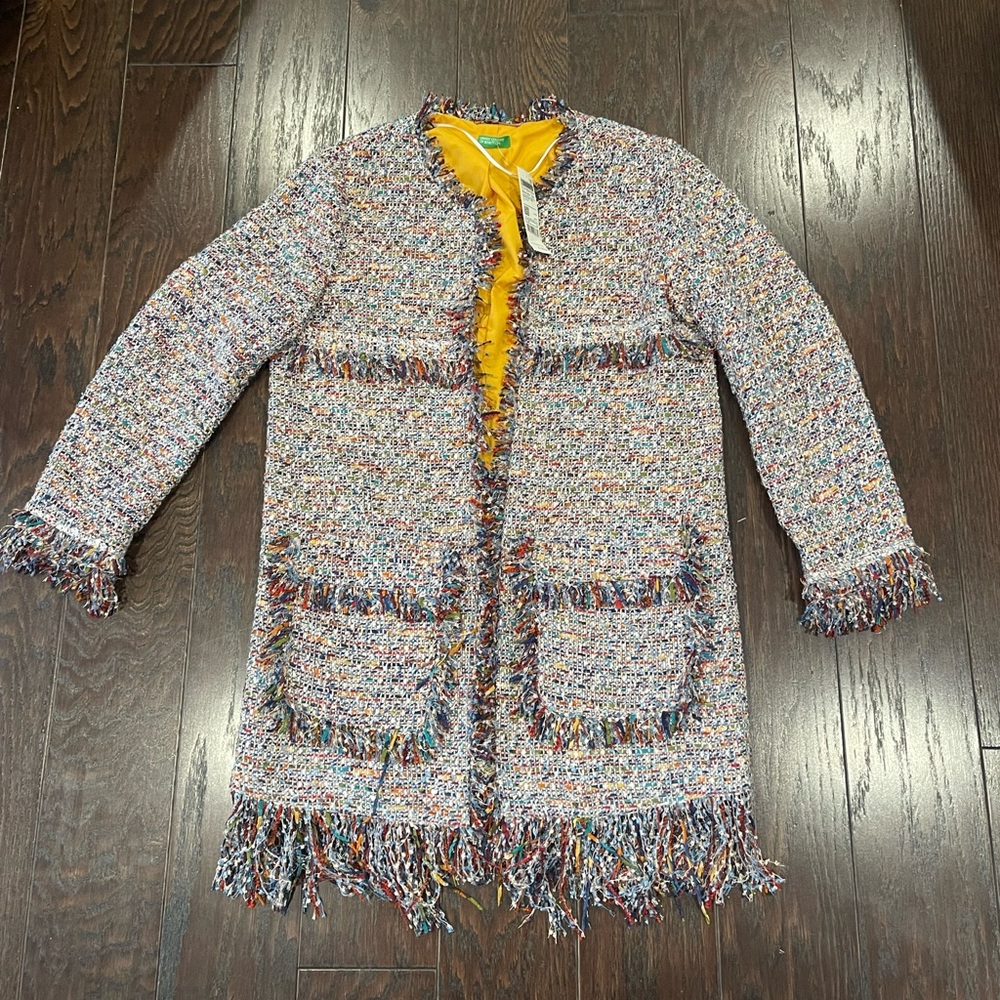 United Colors Of Benetton Women tweed jacket Blazer fringe trim Size 6 NEW